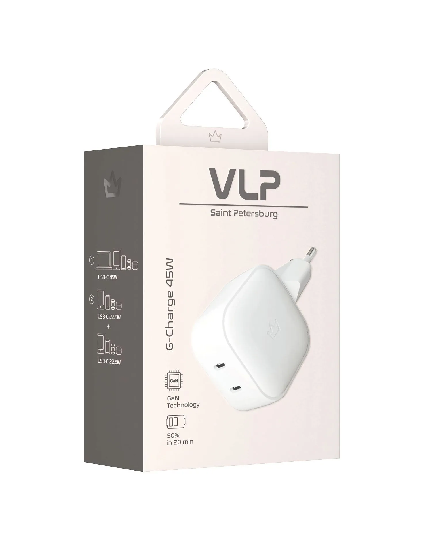 Сетевое зарядное устройство VLP G-Charge 45Вт USB-C+USB-C, PD, QC, белыйphoto3