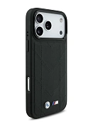 Чехол BMW на iPhone 17 Pro Max, PU Quilted MagSafe, из стеганой экокожи, с металлическим логотипом и рамкой для камеры, M-series, черный